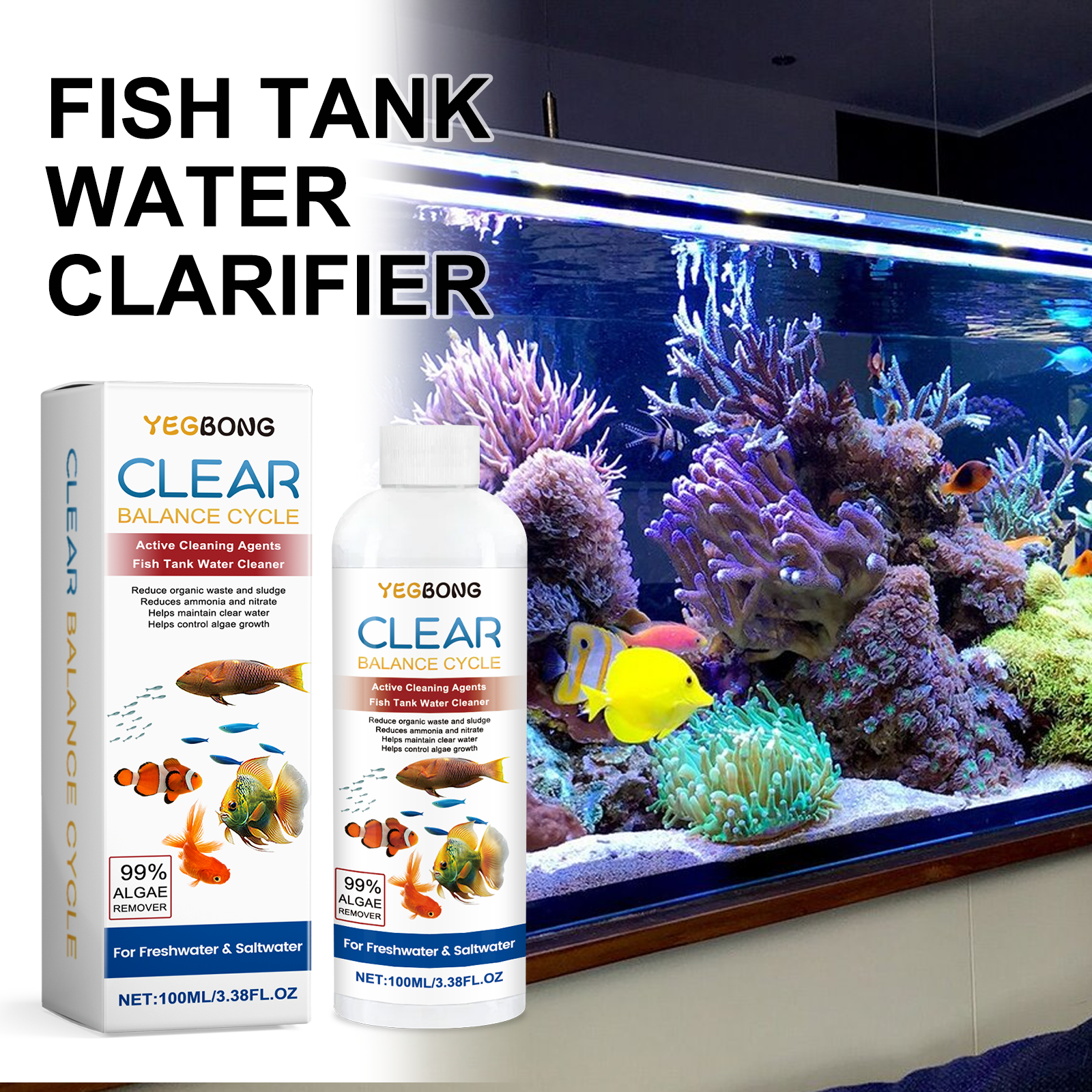 Aquarium Fish Waste Collector - Aquarium Water Clarifier 100ml Freshwater Saltwater